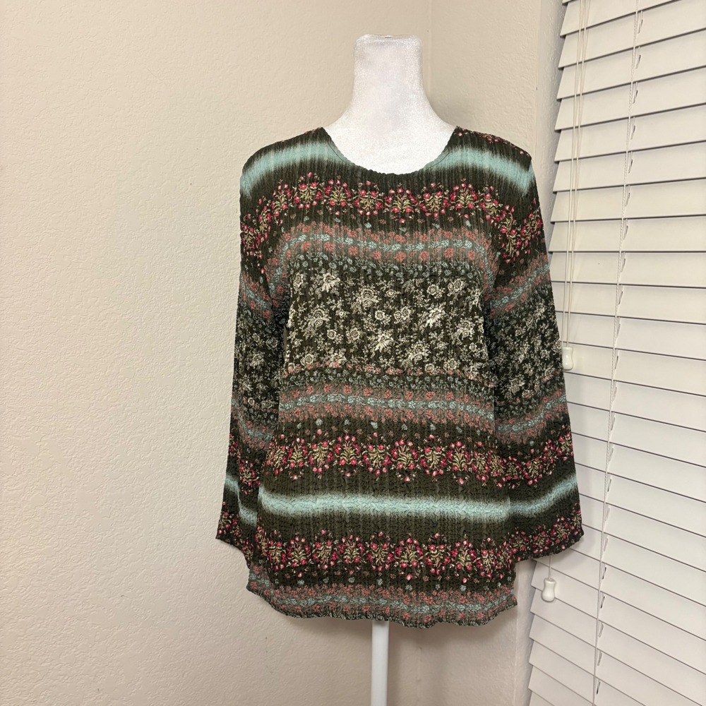 Fairycore UBU Y2K Olive Green Floral Micro Pleated Crinkle Long Sleeve Top Sz S